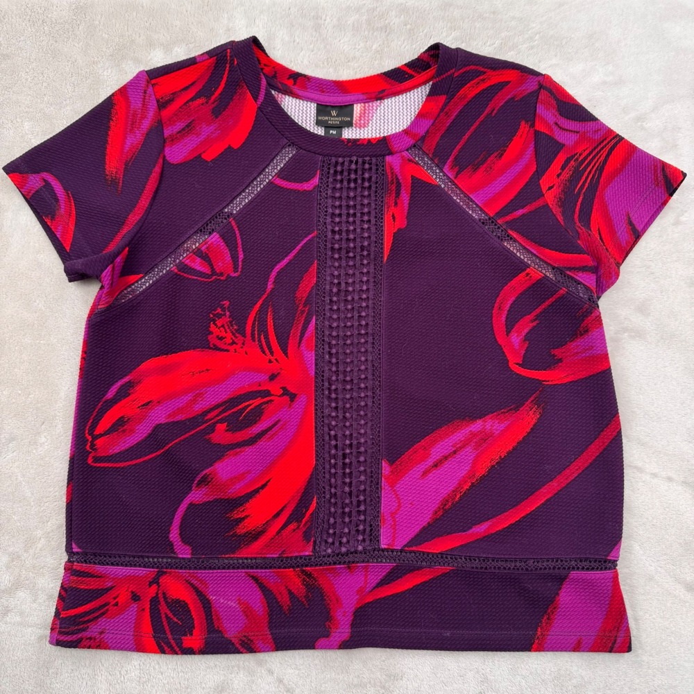 Worthington Petite Floral Short Sleeve Blouse Purple Red Pink Crochet Lace PM